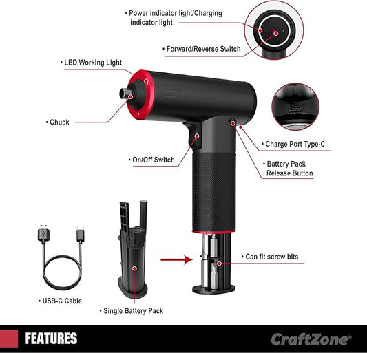 Electric Cordless Screwdriver Set, 4V Rechargeable Screw Gun with 12 Drill Bits, Screwdriver Kit with LED Light, Separable Battery Pack with USB Charging Cable for Home, DIY, Repair