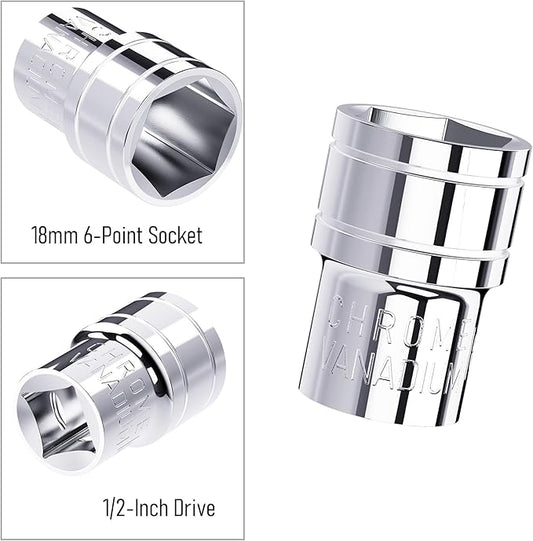 18mm Shallow Socket, 1/2 Inch Drive, 6-Point, Metric, Heat Treated CR-V Steel Short Sockets, Full Polishing, 1.5 Inch Length