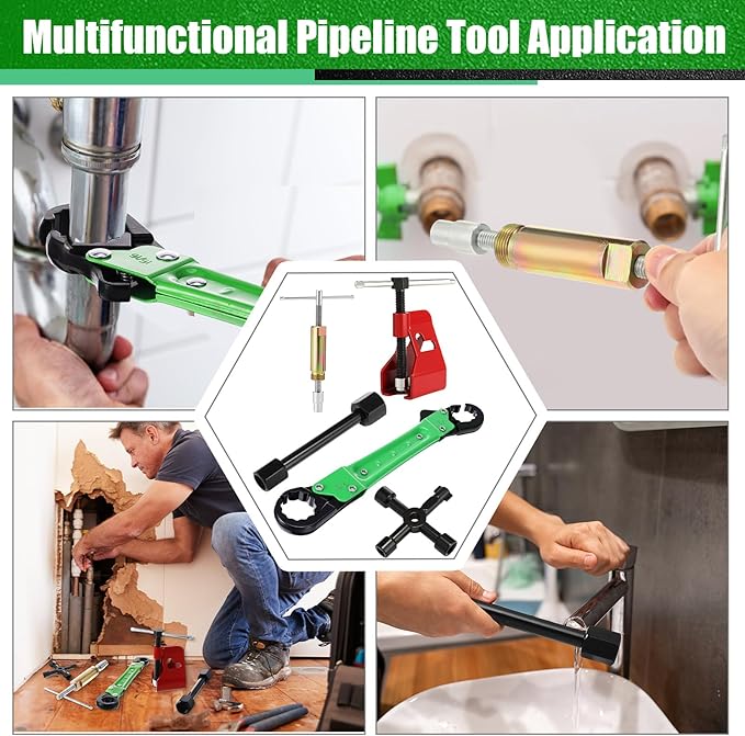 Lanties 5 Pcs Angle Stop Wrench Kit Plumbing Tool, Compression Sleeve Puller for 1/2" Compression Fitting Ferrule Puller Removal Tool for 1/2" Copper Tubing 4-way Multi-functional Utility Key (Green)