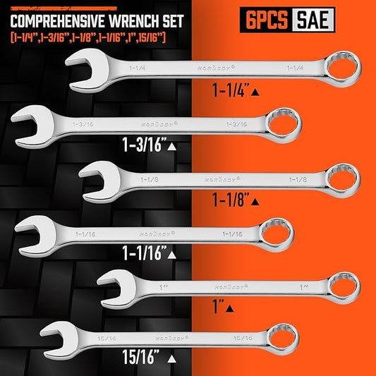 HORUSDY Large Wrench Set with Rolling Pouch | SAE | 6-Piece | 15/16?? 1?? 1-1/16?? 1-1/8?? 1-3/16?? 1-1/4??| 12 Point | Chrome Vanadium Steel