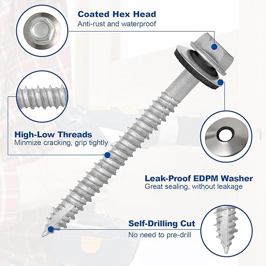 Metal Roofing Screws #14×2Inch, 500-PCS, Hex Head Rustpert Coating Sheet Metal to Wood Siding Screw with EPDM Rubber Washer, Sharp Point, Hex Socket Included