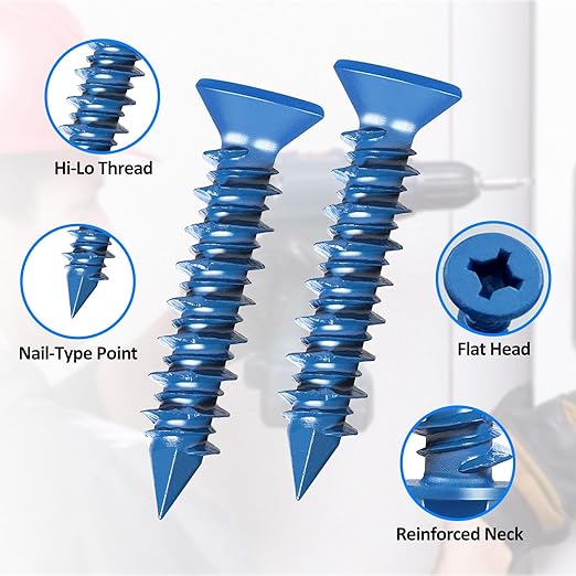 100PCS Concrete Screws Assortment Kit, 1/4" x1-1/4 Masonry Screws with Drill Bit and Driver Bit, Flat Head Cement Screws and Anchor, Diamond Point, Self Tapping Concrete Brick or Stucco, Blue Coated