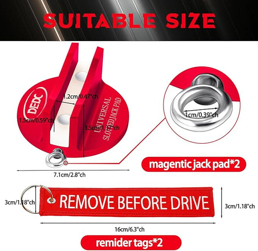 DEDC Universal Pinch Weld Jack Pad 2 Pcs Red, Magnetic Aluminum Jacking Puck Frame Rail Protecotr with 2 Reminder Streamers Compatible, Garage Accessories for Mechanics