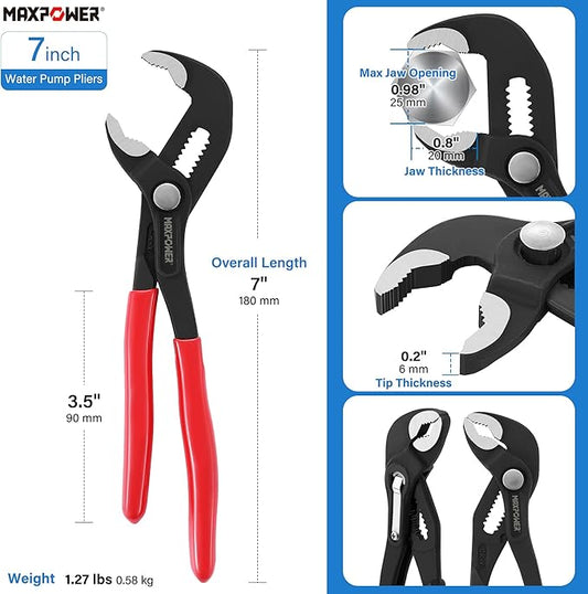 MAXPOWER 7 inch Water Pump Pliers, with 0.98 inch Jaw Capacity Opening Push Button Lock Pliers