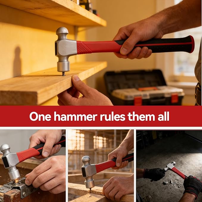 16oz Ball Peen Hammer with 376pcs Nails Set Metalworking Tool Carbon Steel Head Ball Pein Hammer 13.4" Shock Absorbing Fiberglass Handle with Textured Rubber Grip