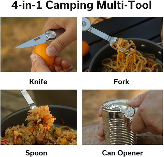 CIVIVI Partake 4-in-1 Camping Utensil, Detachable Stainless Steel Folding Knife, Fork, Spoon & Bottle Opener Multi-Tool, with Waxed Canvas Pouch for Travel Camping Hiking, C24032C-3, Silver