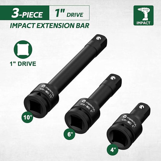 1 Inch Drive Impact Extension Bar, 3-Pieces Impact Socket Extension Bar Set, 4" 6" 10" Length, Impact Socket Bar with CR-MO Steel, Storage Case for Heavy Duty Truck, Tractor Maintenance