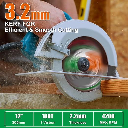 12” Circular Table Miter Saw Blade for Wood, 100T TCT Cutting Blade, Fine Finish Crosscut Angled Bevels Framing Ripping for Plywood, Melamine, Oak, Pine, Laminate, Chipboard, 1"