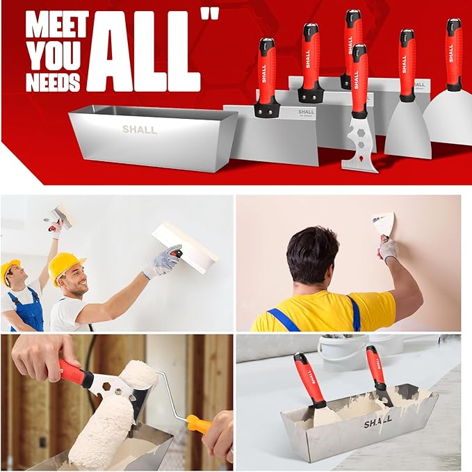 SHALL Drywall Tool Kit, 7 Pcs Stainless Steel Set Includes Putty Knife, Taping Knife, Painter Scraper Tool & 12" Mud Pan for Joint Taping, Finishing, Patching