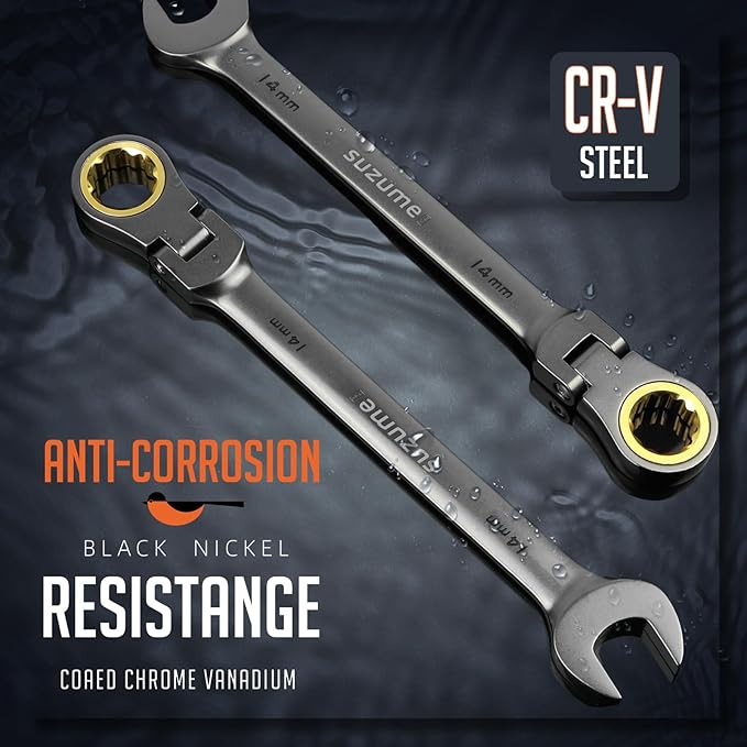 SUZUME 14mm Flex Head Ratcheting Wrench Metric 72 Teeth Cr-V Steel 15K+ Cycle Locked Gears with 180째 Flexible Head Black Nickel Coating