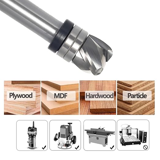 Bowl & Tray Pattern Flush Trim Router Bit 1/2 Shank, 3-Flute, 3/16" Radius, 3/4" Dia, 5/8" Height, Carbide Head Round Nose Cove Juice Groove Router Bit, for Making Wood Bowls/Trimming