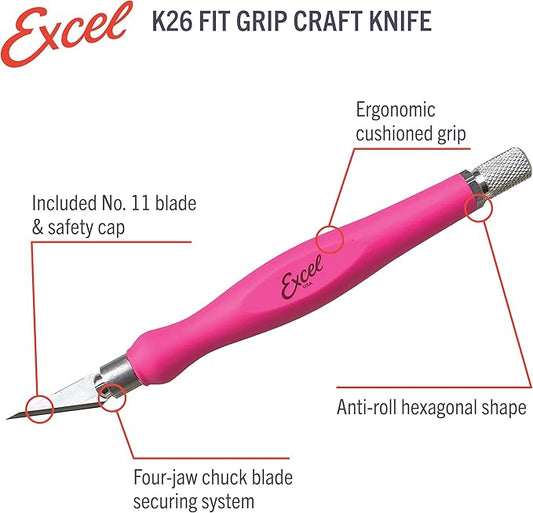 Excel Blades Fit Grip Craft Set, 3-Pack ??Ultra-Sharp #11 Carbon Steel Blade with Contoured Rubberized Grip ??Precision Hobby Knife for DIY, Art, and Hobby Projects ??Pink, Made in the USA