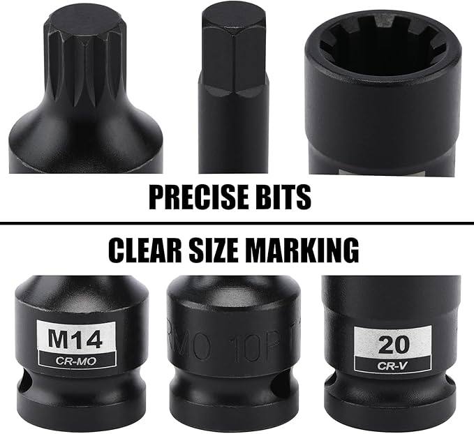 Mayouko 16PCS 1/2" Drive Impact Brake Special Caliper Socket Set, 5PT 7PT 10PT M14 M18 & Hex Sockets Compatible for Audi/VW/Ford/Porsche/Benz/BMW/Mazda