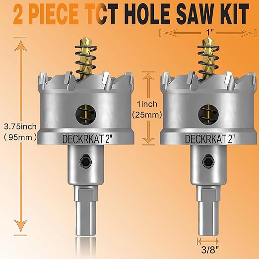 2-Pack 2" TCT Hole Saws for Hard Metal, Heavy Duty 50mm Tungsten Carbide Tipped Hole Cutters Set with Spring-Loaded Pilot Drill Bits for Stainless Steel, Metal, Iron, and Plastic
