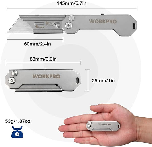 WORKPRO 2PCS EDC Folding Utility Knife, Mini Box Cutter with Quick Open Axis Lock, Quick Change Blade Razor Knife, Foldable Small Pocket Knife with Belt Clip, 2 Packs with 10 Extra Blades