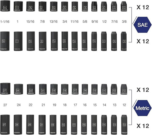 WORKPRO 1/2" Drive Impact Socket Set with Extension Bars, Premium Cr-V Steel, Complete 55-Piece, SAE and Metric Sockets with Enhanced Storage Case