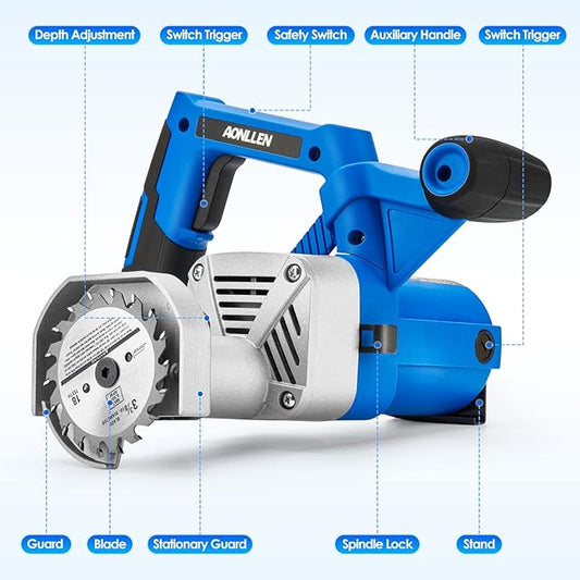toe kick saw 3-3/8 In. 6.8 Amp Electric Circular Saw With 2pcs Carbide Tipped Blades For Woods,1pcs Grit Diamond Blades For Tile Cuts,special Undercut Saw For Removing Subfloor or Tiles