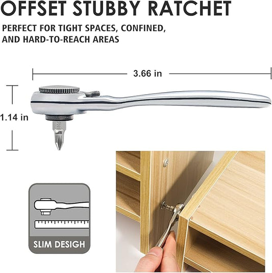 STREBITO Right Angle Screwdriver 32-Piece 1/4 Inch Mini Ratchet Set Low Profile Offset Bit Set with 72-Tooth Ratcheting Wrench Stubby Ratchet 90 Degree Screwdriver for Small Spaces