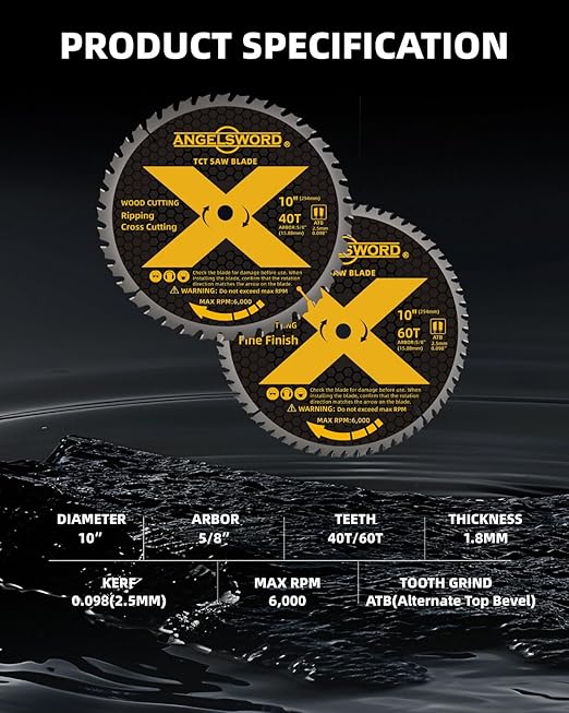 ANGELSWORD 10 Inch Table Saw Blade/Miter Saw Blade, 40T for Ripping, Cross Cutting&60T for Fine Finish Wood Cutting, 2 Pack