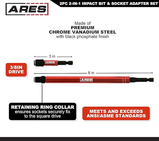 ARES 22027 ??2-in-1 Impact Bit and Socket Adapter Set ??3-Inch and 8-Inch Adapters - Unique Design Holds Standard 1/4-Inch Hex Bits and 3/8-Inch Drive Sockets ??Spinning Sleeve Stabilizes Adapter