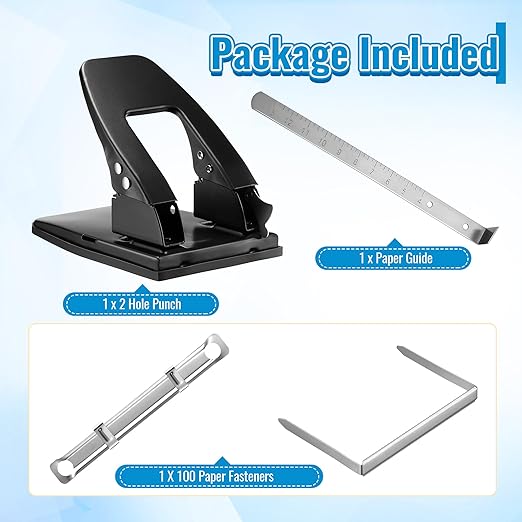 Dreyoo 2 Hole Punch with 100 Prong Paper Fasteners, Heavy Duty Two Hole Paper Puncher for File Folder and Metal File Fasteners Combo Set, 30 Sheet Capacity, Padded Handle(Compressor)
