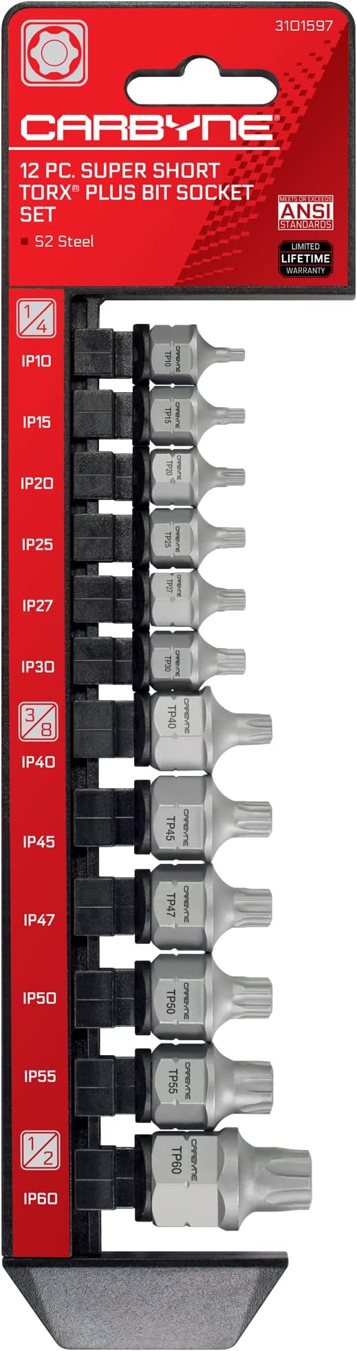 CARBYNE 12-Piece Torx Plus (6 Lobe) Super Short Low Profile Bit Socket Set | TP10/IP10 - TP60/IP60, Dual-Drive: Internal Square Drive & External Hex Drive ??From a Family-Run Tool Company in the U.S.