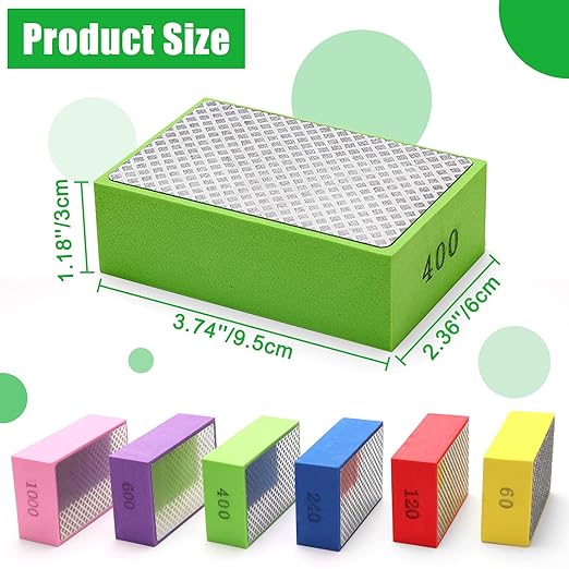 6PCS Diamond Hand Polishing Pads, Wet & Dry Diamond Sanding Pads 60#, 120#, 240#, 400#, 600#, 1000# Grit Sanding Block for Ceramic Tile Glass Wood Marble Grinding