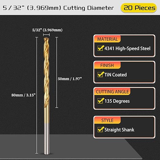 Drill Bit, 5/32" Cutting Diameter, 4341 HSS Jobber Bits TiN Coated 135° Cutting Angle - (Applications: for Drilling Soft Metal Plastic Wood), 20-Pieces