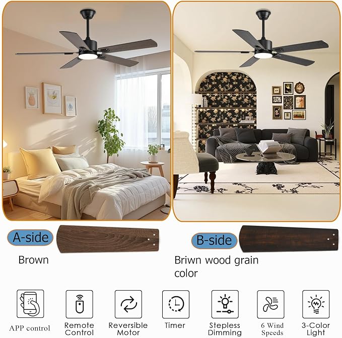 56inch Ceiling Fans with Lights and Remote/App Control, DC Reversible Motor, Noiseless, Dimmable, Low Profile Modern Ceiling Fan for Bedroom Indoor/Outdoor Use(Brown)