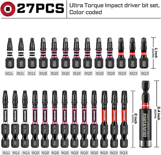 Impact #1#2#3 Square Screwdriver Bits Set, 26pcs 1??2??(SQ1/SQ2/SQ3) Magnetic S2 Steel Driver Bits Set and 1pc Impact Bit Holder with Color Coded Base