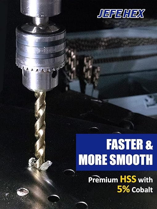 JEFE HEX 115 Pcs Cobalt Drill Bit Set, All M35 HSS Drill Bit Sets, 135째 Split Point, Fractional Sizes 1/16" to 1/2", Letters A-Z, Wire Sizes #1 to #60, Durable Metal Indexed Storage Case
