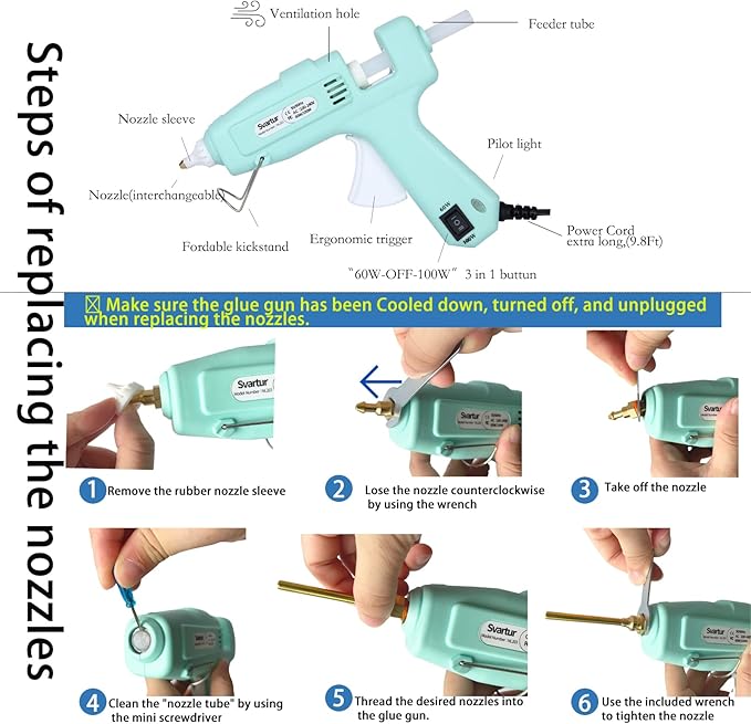 Full Size Hot Glue Gun Kit with 60W/100W/OFF Switch, 9.8ft Extra-long Power Cord Industrial Glue Gun with 2 Nozzles, 15 Glue Sticks, Case, Dual Power High Temp Hot Melt Glue Gun Large for Craft, Green