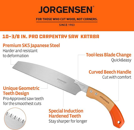 JORGENSEN Japanese Pull Saw Kataba, 10-3/8 Inch with Curved Handle, Premium SK5 Blade, 14 TPI Teeth, Woodworking Hand Saw for Hardwood & Softwood, Wood Trim