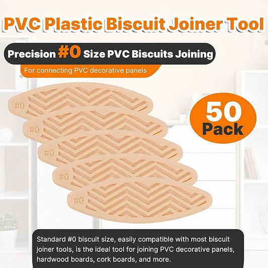 50 Pack PVC Plastic Biscuit Joiner Tool #0, Wood Color Joiner Biscuits for Connecting PVC Decorative Panels, Woodworking, Biscuit Connector for Furniture Frames, Door Frames, Countertop Joiner