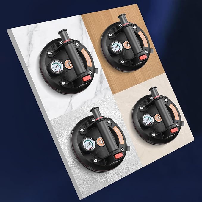 8'' Glass Suction Cups to Lift Large Glass 2 Pack, 617 lbs Load Capacity, Heavy Duty Vacuum Suction Cup Lifter with Pressure Gauge for Tiles, Windshield, Window, Lifting with Carrying Case