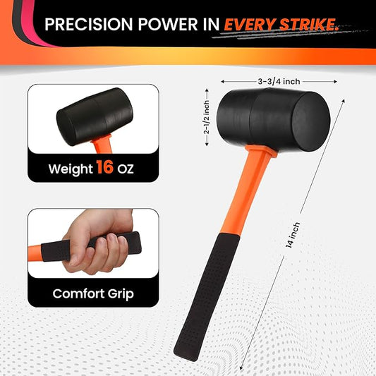 16oz Rubber Mallet Hammer | Non-Marring Soft Blow Mallet with Fiberglass Shock-Absorbing Handle for Woodworking, Flooring, Camping, and Assembly