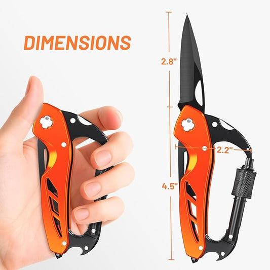 9 in 1 Multitool Carabiner Pocket Knife, Stocking Stuffers Gifts for Women, EDC Carabiners with Folding Knives, Bottle Opener, Window Breaker and Screwdriver, Survival Gear for Camping Hiking (Orange)