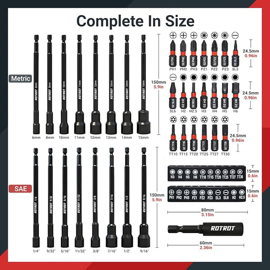 37-Piece Magnetic Nut Driver Set - SAE (1/4" to 9/16") & Metric (5mm to 15mm), PH1 & PH2 Screwdriver Bits 1/4 Drive Shank Adapter Extension, Nut Driver Set - Cr-V Magnetic Socket set