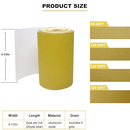Total 20 Yards Long 4-1/2" Wide PSA Continuous Roll Set - 80 120 220 320 Grit Longboard Sandpaper, Self Adhesive Stickyback Sanding Sheets Sandpaper for Automotive, Woodworking, Hand Sanding Blocks