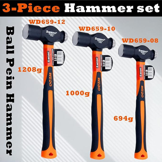 WEDO Ball Peen Hammer Set,with Fiberglass Handle,3 Piece,1lb,1.5lb,2lb,Ball Pein Hammer kit, High Carbon Steel,Shock Resistant, Non-Slip Handle, Die-forged