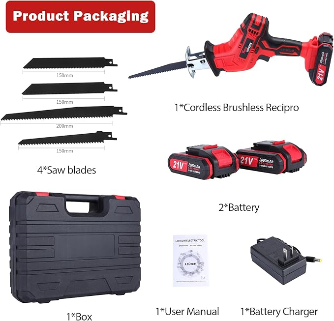 Cordless Reciprocating Saw | 21V 2000mAh * 2 Batteries, 3000RPM, 28mm Stroke Length, 4 Blades | Electric Power Reciprocating Saw for Wood Cutting