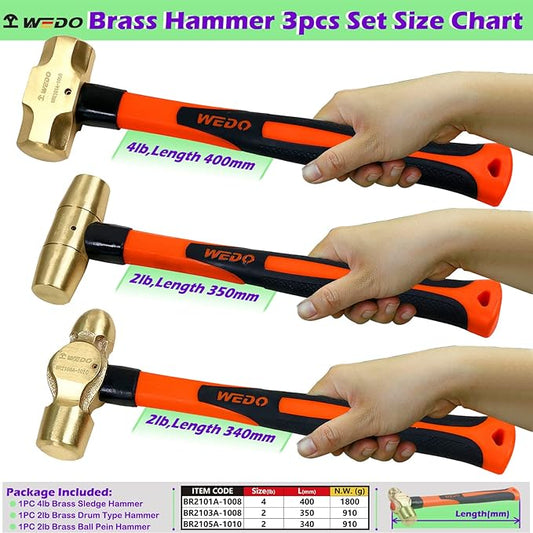 WEDO 3PCS Hammer Set,4lb Sledge Hammer,2lb Ball Pein Hammer,2lb Drum Type Hammer,Brass,Fiberglass Handle,Die-Forge,Corrosion Resistant