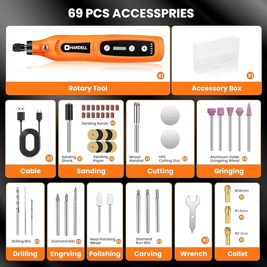 HARDELL Mini Cordless Rotary Tool Kit, 5-Speed and USB Charging with 69 Accessories, Multi-Purpose 4V Power Rotary Tool for Sanding, Polishing, Drilling, Etching, Engraving, DIY Crafts(Light Orange)
