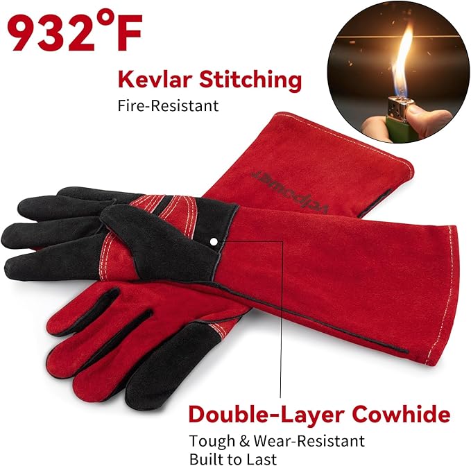 Gloves Fire Heat Resistant: 16IN 932째F Fireproof Leather for Welding Fire Pit Wood Stove Campfire Furnace BBQ Baking,Grill Oven Stick Mig Tig Gear Gift for Man XL