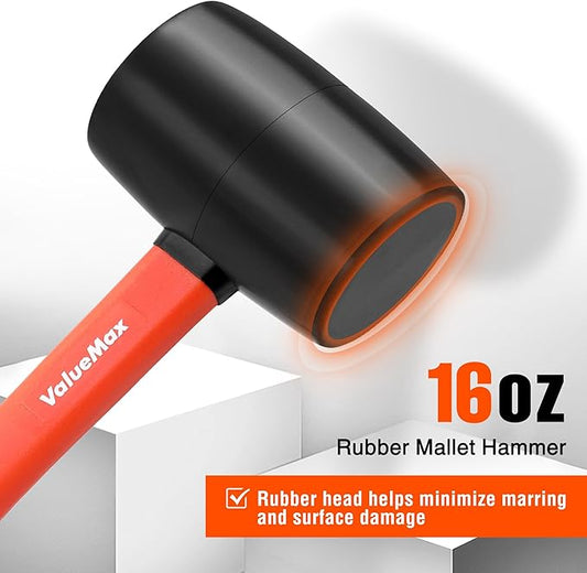 ValueMax 16oz Rubber Mallet Hammer, Fiberglass Handle, Double-Faced Soft Mallet, Soft Blow Tasks without Damage for Camping, Flooring, Tent Stakes, Woodworking