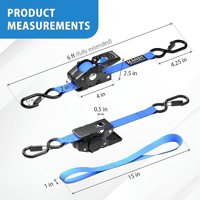 HandT USA Based Retractable Ratchet Straps (2PK) 1in x 6ft - 1,500lb Break Strength, Heavy Duty Automatic Ratchet Straps Self Retractable Tie Down, Push Button Retracting Truck Trailer Cargo | Blue