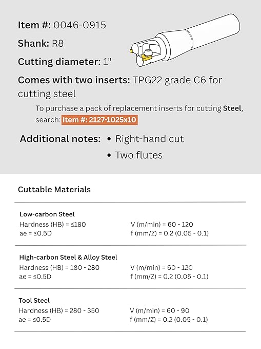 Accusize Industrial Tools 1'' Carbide Indexable End Mill, R8 Shank, 2 Flute, with Tpg22 Inserts, 0046-0915