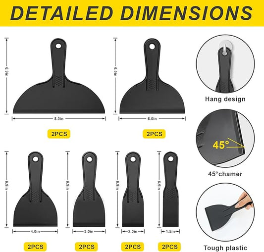 15 Pack Plastic Putty Knife Set - 12 Flexible Plastic Paint Scraper Tool and 3 Detail Scraper Tool for Spackling, Repairing Drywall, Removing Wallpaper, Applying Mud or Plaster
