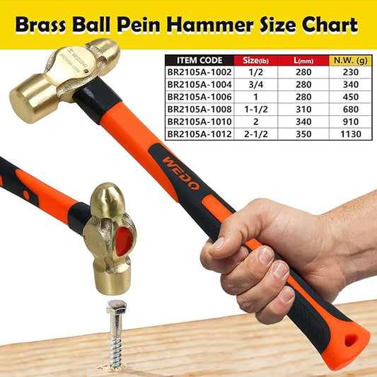 WEDO Brass Ball Peen Hammer 24 oz(1-1/2lb), Ball Pein Hammer with Fiberglass Handle, Length 310mm(12"), Die-Forged, Corrosion Resistant, DIN Standard