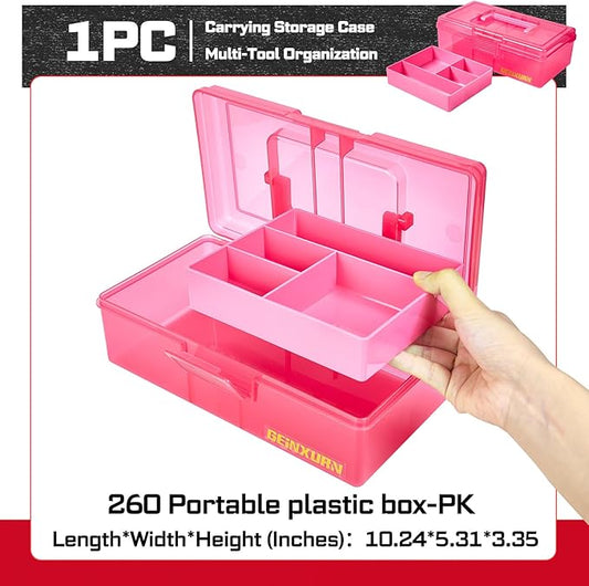 Plastic Tool Box with Lids and Handle,Portable Small Part Organizer Mini Clear Storage Case for Hardware,Screws,Bolts,Nails,Beads,Jewelry and Fishing Accessories Storage,Home DIY(Pink)